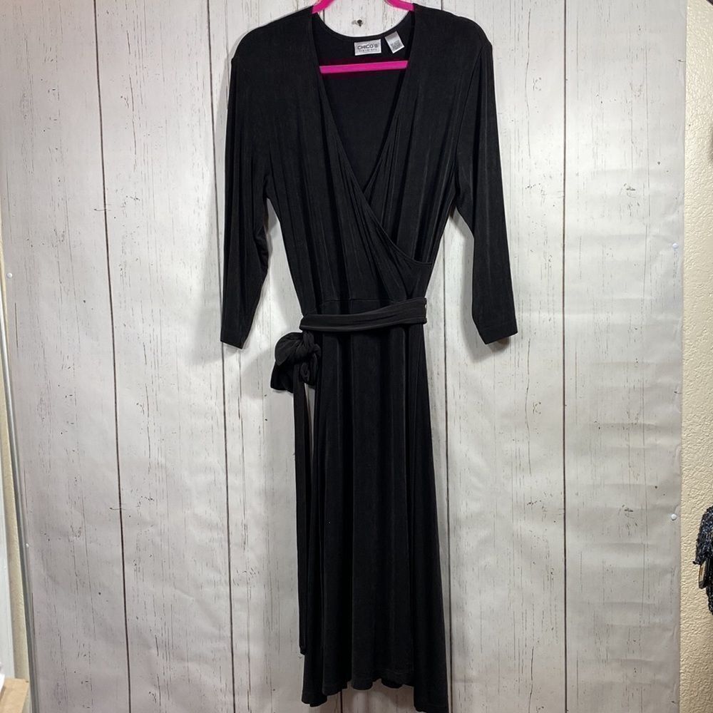 Chicos Black Faux Wrap Tie Waist Midi Dress Career Minimalist Travel Size L